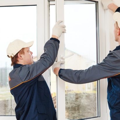 Two men are putting a new window in place.