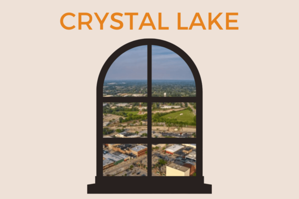 Outdoor view of Crystal Lake seen through a window.
