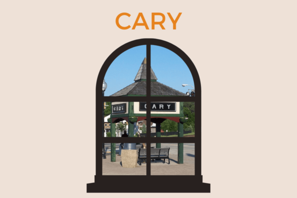 Outdoor view of Cary seen through a window.