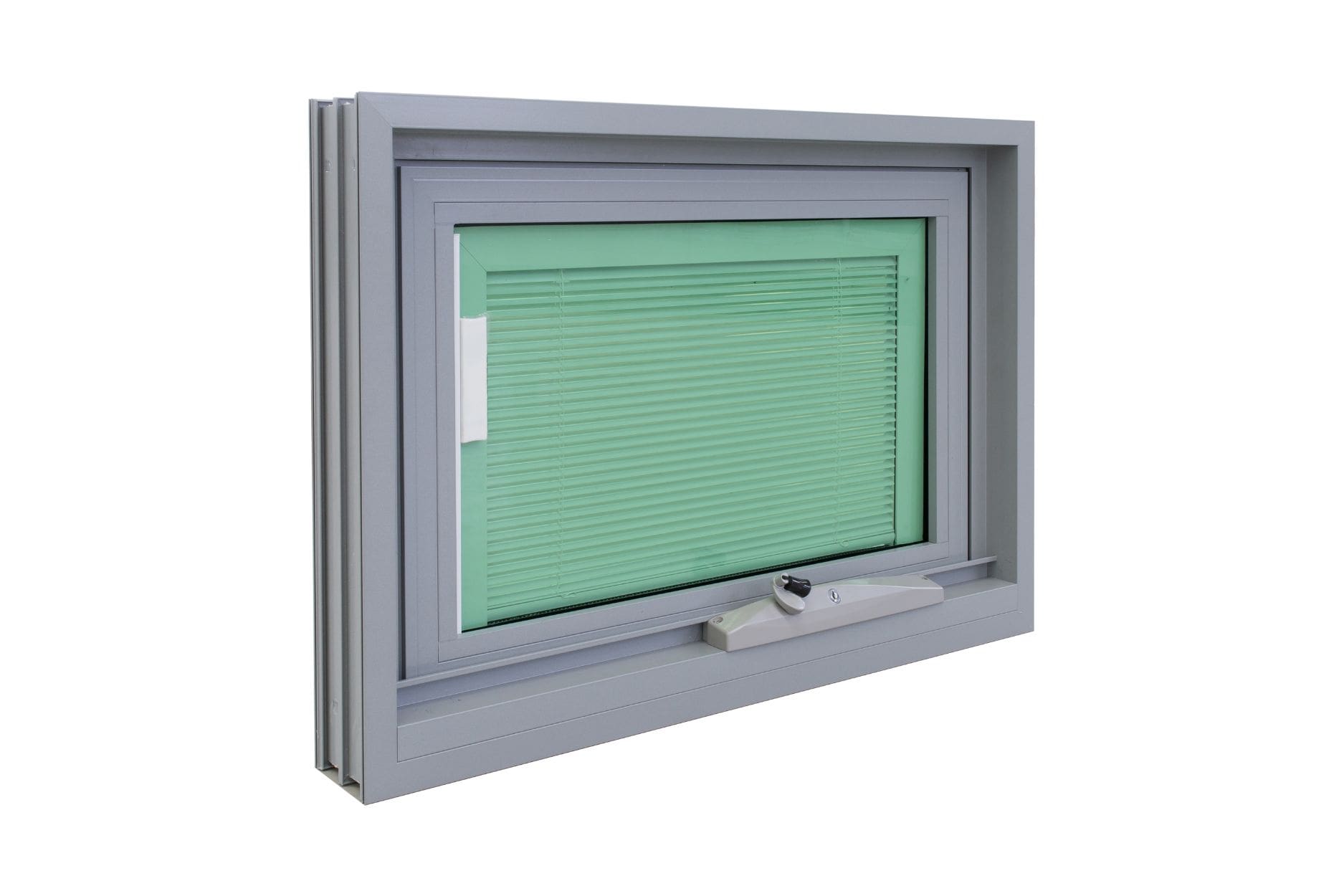 Closed awning window on a plain white wall