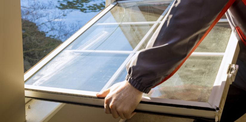A man removes an old window so he can put in a new one