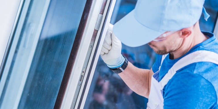 A contractor is installing a new window on a house