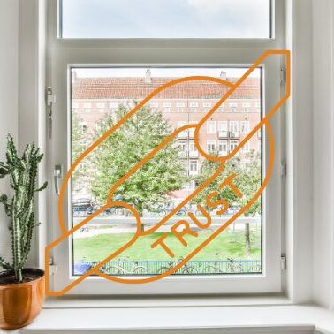 Trusted Windows and Doors Company Window with TRUST graphic